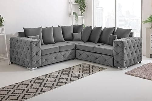 Image of SofaHub Riston Grey Plush Velvet 5 Seater Corner Sofa | Luxury Scatterback Corner Couch with Reflex Foam Cushions & Chrome Legs | Premium Comfort 2C2 Corner Sofa For Living Room (Grey)