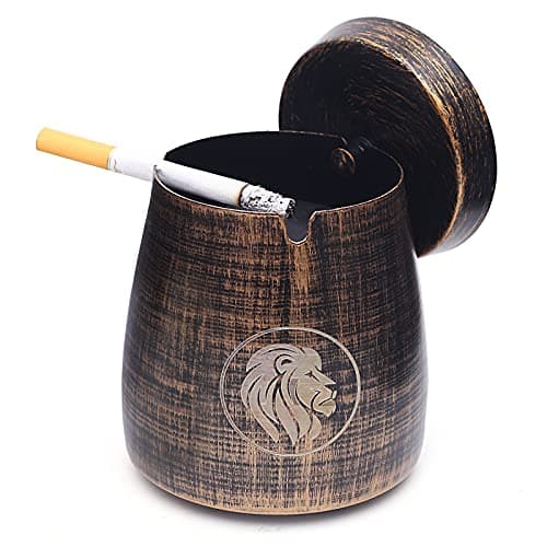 Image of SUNNEKO Ashtray with Lid Windproof Smell Proof, Cool Cigarette Holder, Ash Bucket, Desktop Smoking Ash Tray for Outdoor Indoor Use, Garden Home Office Kitchen Decoration, Vintage Colours, Lion