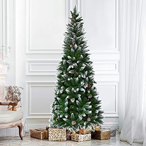 Image of Multigot 5FT/6FT/7.5FT Christmas Tree, Snow-Flocked Artificial Xmas Pencil Tree with Decorative Pinecones and Metal Stand, Green Holiday Pine Trees for Home, Shop and Office (5FT)