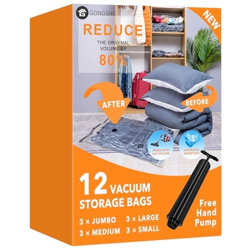 Image of GONGSHI Vacuum Storage Bags (3 x Jumbo, 3 x Large, 3 x Medium, 3 x Small), Space Saver Sealer Compression Bags with Travel Hand Pump