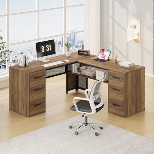 Image of HSH Large L Shaped Desk with Storage File Cabinet，Corner L-Shaped Computer Desk with Drawers Shelves, Home Office Bedroom Metal Wood Study Writing Table Executive Workstation, Light Oak, 59 Inch