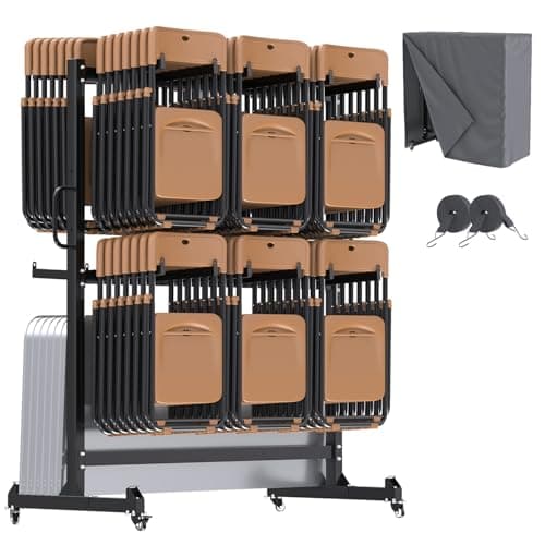 Image of YODOLLA Folding Chair Rack, Storage Cart Heavy Duty, 2-Tier Mobile Dolly with Lockable Wheels, Waterproof Cover & Elastic Straps, Holds 84 Chairs 12 Tables, Black