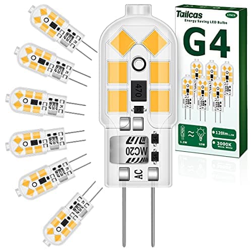 Image of Tailcas G4 LED Bulbs 1.2W, AC/DC 12V, Warm White 3000K, Equivalent 10W G4 Halogen Lamp, 120LM, No Flickering Energy Saving Capsule Light Bulb for Home-Lighting