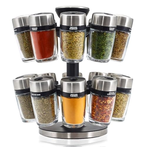 Image of Cole & Mason Cambridge 20 Glass Rotating Spice Rack, Spice and Herb Organiser/Storage, Glass Spice Jars with Labels, Herbs and Spices Included