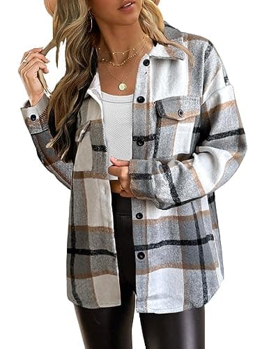 Image of Zeagoo Womens Checked Shirts Long Sleeve Flannel Shirt Classic Casual Shacket Blouses Spring Brown Grey S