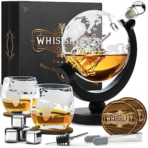 Image of WHISISKEY - Whiskey Decanter Set - 900ML Globe Carafe - Whiskey Gift Sets for Men - Whisky Set - Glass Gifts for Men - Inc. 2 Whiskey Glasses, 4 Whiskey Stones, Accessories
