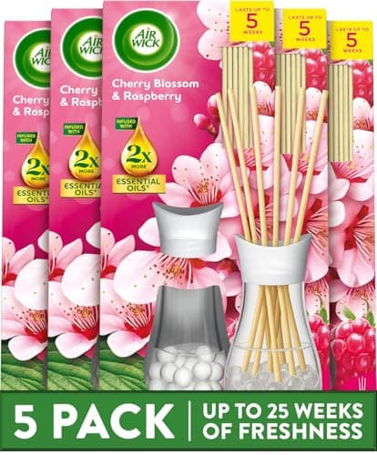 Image of Air Wick Reed Diffuser Multipack, Cherry Blossom Scent, Pack of 5 x 25 ml, 5 Weeks of Long-Lasting Freshness, Elegant Home Decor, Neutralizes Odors, Enhances Room Ambiance, Air Freshener