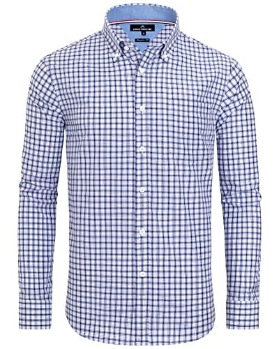 Image of Alimens & Gentle Men's Plaid Button Down Shirts Cotton Long Sleeve Dress Shirts Regular Fit Gingham Shirts, Blue, Gingham, Large