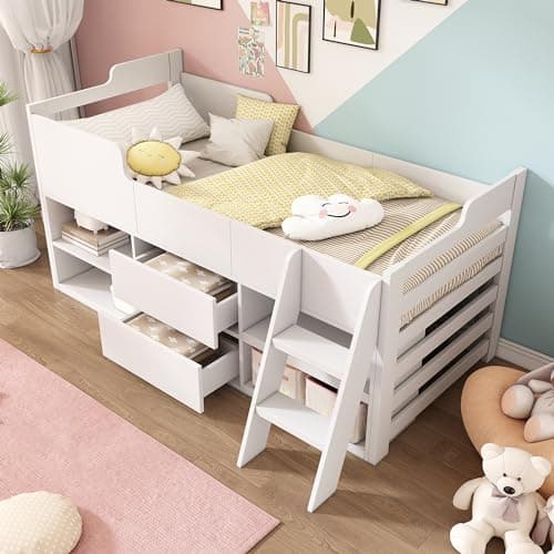 Image of Aptliton Cabin Bed Frame 3ft Single, Mid Sleeper Kids Bed with Storage Drawers & Shelves, Low Sleeper Children's Wooden Bed in White - 90 x 190 cm (Frame Only)