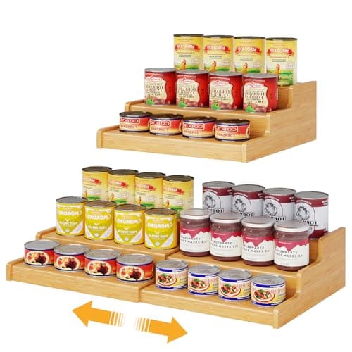 Image of Expandable Bamboo Can Rack Organizer for Pantry, 3-Tier Adjustable Can Storage Holder, Soda Organizer Holds Up to 24 Cans, Canned goods Storage Display for Pantry, Cabinet, Countertop (patent pending)