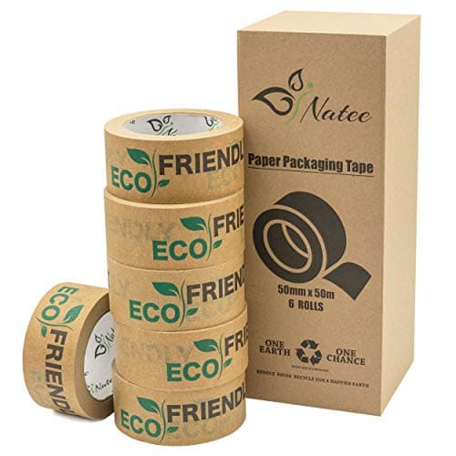 Image of NATEE® Paper Packaging Tape | Fully Recyclable Tapes | Eco-Friendly Printed Kraft Paper for Packing Parcels and Boxes | Brown Paper Packaging for Moving House | Strong Sticky Roll 50m x 50mm | 6 Rolls
