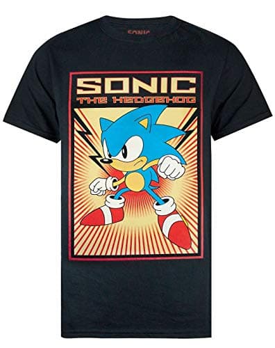 Image of Sonic The Hedgehog T-Shirt for Men | Propaganda Graphic Cartoon Retro Poster Black Top L