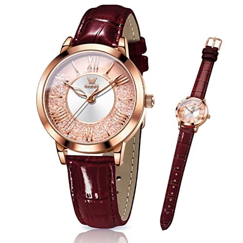 Image of OLEVS Leather Watch for Women Classic Vintage Women Watches Roman Numerals Ladies Dress Watch Waterproof Analog Quartz Womens Wrist Watches Relojes para Mujer Pink, Red, White Leather Strap, 5539-wine