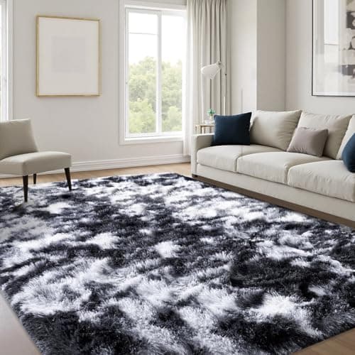 Image of JOYARR Rugs Living Room, 140x200 cm Large Area Carpet Fluffy Washable Soft Shaggy Anti Slip Modern Decor Mat for Bedroom Lounge Kids Nursery Room, Black White