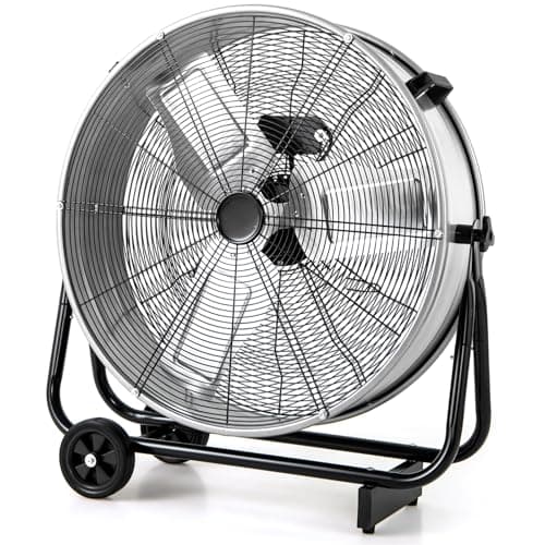 Image of COSTWAY 24” Industrial Drum Fan, 3-Speed High Velocity Floor Fan with 360° Adjustable Tilt, 2 Wheels & Handle, Metal Air Circulator Cooling Fan for Home Commercial Warehouse Workshop (Silver)