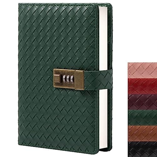 Image of TIEFOSSI B6 Leather Journal Notebook with Combination Lock, Travel Refillable Ruled Lined Writing Paper, Secret Password Gift Diary for Women Girls Boys (Green)