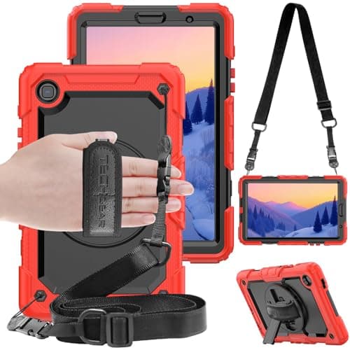 Image of TECHGEAR UTILITY Case fits Samsung Galaxy Tab A7 Lite 8.7" (SM-T220 / SM-T225) Tough Rugged HEAVY DUTY Armour Shockproof Impact Case with 360 Rotating Stand, Hand Strap and Shoulder Strap - Red