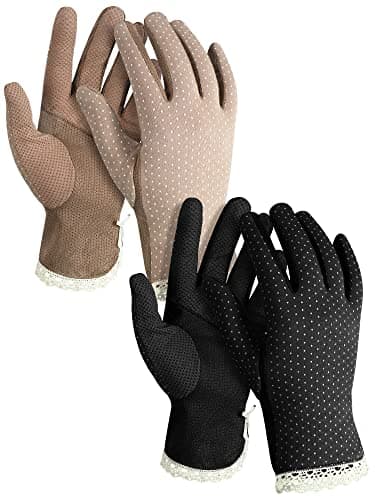 Image of 2 Pairs of Summer UV Protection Driving Gloves Thin Breathable UV Protection Cotton Gloves Sun Protective Gloves for Women Outdoor Cycling Hiking Mittens, Coffee, Black