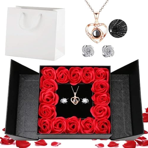 Image of Wieerda Gifts for Women, Preserved Eternal Rose Gift Box with 100 Language Love You Necklace and Earring for Her, Artificial Rose Box for Women Girls for Birthday, Valentines Day, Christmas