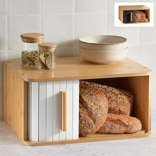 Image of Praknu Large Bread Bin – FSC® Wooden Bread Box with Sliding Door for Kitchen – Preserves Freshness for Longer – Space Saving Design – White