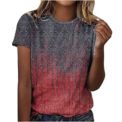 Image of HSUAYEUD Casual Tops for Women UK Summer Tops for Women UK Casual Print Short Sleeve Tops Crew Neck Blouse and Shirts Loose Fit Women T-Shirts Black 5XL