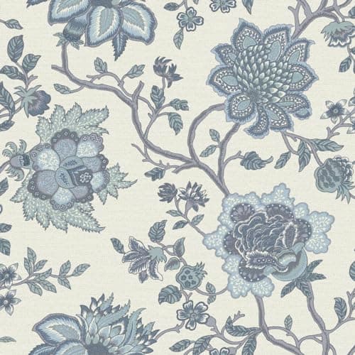Image of Blue Jacobean Trail Wallpaper - Floral Leaves White Natural Flowers Feature Wall Classic Botanical