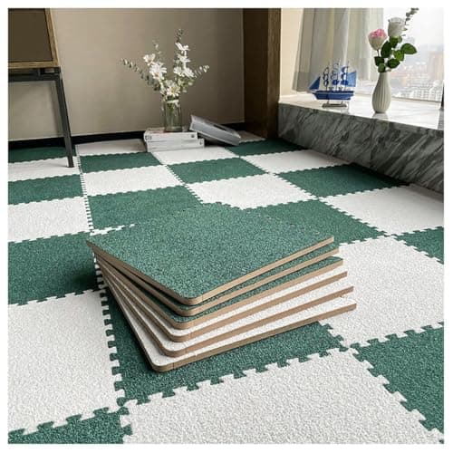 Image of Interlocking Plush Foam Floor Tiles - Soft Carpet Mats for Living Room & Gym 10 Pcs Dark Green & White Fluffy Protection for Kids' Climbing Area