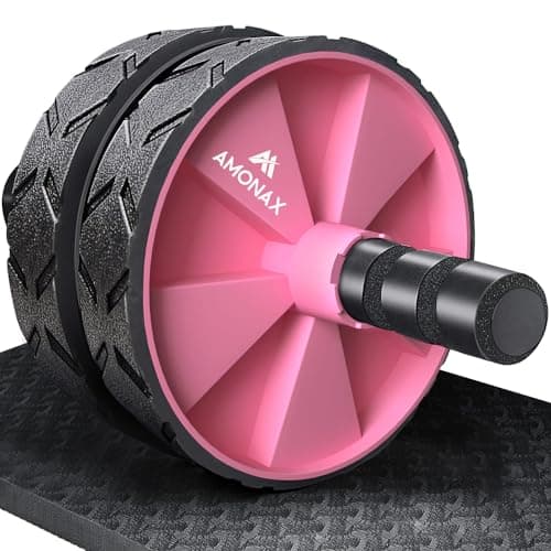 Image of Amonax Convertible Ab Wheel Roller with Large Knee Mat for Core Abs Rollout Exercise, Double Wheel Set with Dual Fitness Strength Training Modes at Gym or Home (Pink)