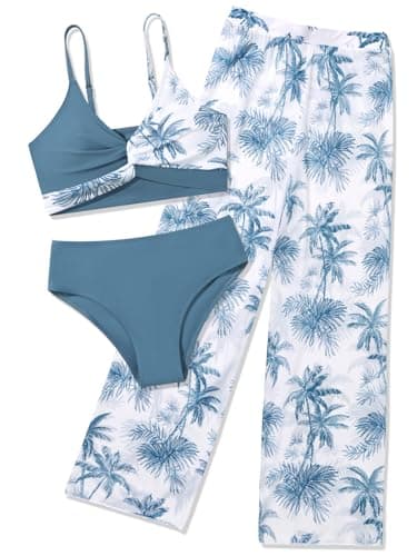 Image of ESHOO Girls 3 Piece Bikini Sets Teen Girls Swimming Costume Criss Cross Swimsuit with Beach Cover Up Pants Size 9 10 11-12 12-14 15 16 Years