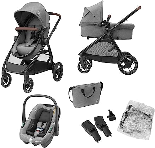 Image of Maxi-Cosi Zelia S Trio 3-in-1 Prams Travel System, 0 - 4 Years, Up to 22 kg, Foldable, Compact and Reclining Baby Pushchair, with CabrioFix S i-Size Baby Car Seat, Accessories, Nursery Bag, Grey