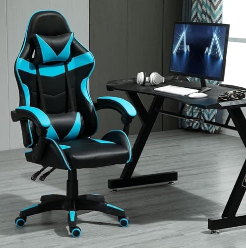 Image of mcc direct Swivel Faux Leather Office Chair Racing Sports Gaming Tilt Computer Desk Chair with Headrest & Lumbar Cushion A(Blue)