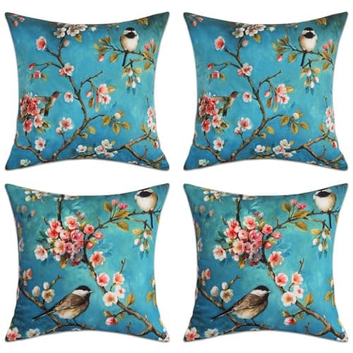 Image of Betadistor Blue Cushion Covers Set of 4, 45cm x 45cm Modern Birds Print Decorative Throw Pillow Cases Home Decor Square Cushion Cover 18x18 Inches, 511-0217