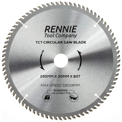 Image of Rennie Tools - 255mm x 30mm x 80T TCT Circular Wood Saw Blade Includes 25mm 20mm & 16mm Bore Reduction Rings. Compatible with Bosch Makita Dewalt Circular Saw Etc. Fits 254mm Circular Saws
