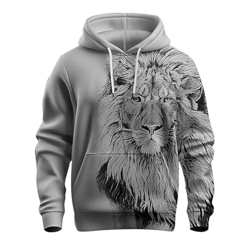 Image of Men's Hoodies Lion Animal Graphic Hoodie Long Sleeve Pullover Fashion Casual Sweatshirts with Packets Heavy Plus Size Mens Hooded Sweater (Grey, M)