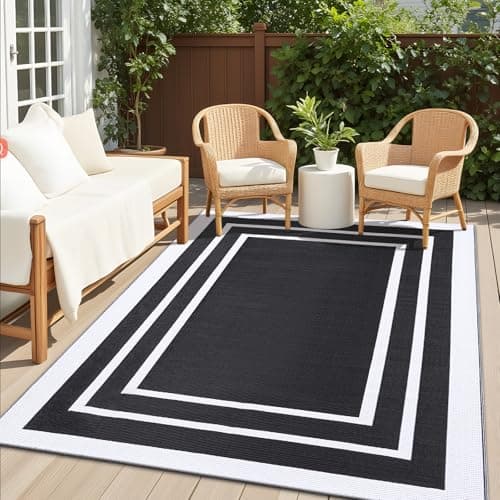 Image of Homaxy Waterproof Outdoor Rug, Anti-slip Reversible UV Resistant Garden Rugs, Easy Cleaning Carpet for Camping, Patio, Beach, Picnic, Backyard - 120 x 180 cm, Black & White