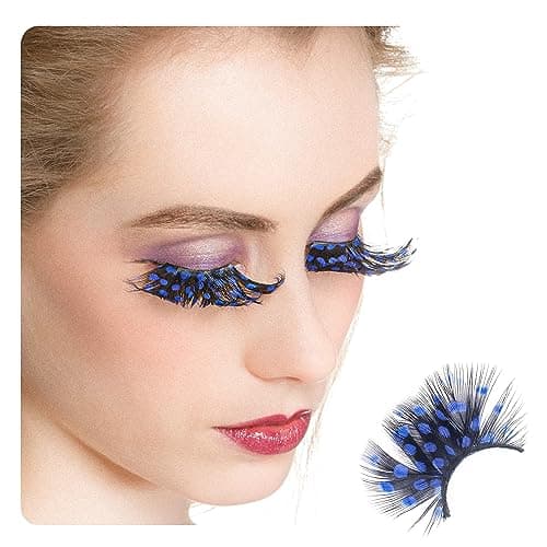 Image of Dorisue Dark Blue Spotted Peacock Feather Lashes - Halloween Witch/Vampire Costume Eyelashes | 1 Pair Dramatic Reusable Lash for Party/Cosplay