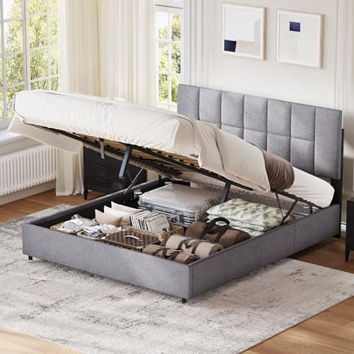 Image of Besbed Ottoman Double Bed Frame with Stroage, 4FT6 Upholstered Double Beds Frame with Hydraulic and Adjustable Headboard,Line, Grey,(No Mattress) (135 x 190 cm)