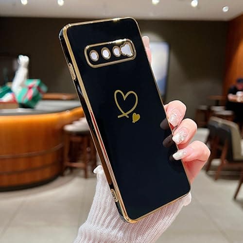 Image of LSOUGUK Compatible with Samsung Galaxy S10 Case,Love Heart Pattern Electroplated Design Soft TPU Shockproof Protective Phone Case Full Camera Lens Protection Cover for Samsung Galaxy S10-Black