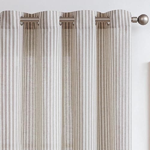 Image of TOPICK Linen Curtains for Living Room 96 inches Long Grey Striped Curtains for Bedroom Stripe Pattern Drop Light Filtering Eyelet Curtain Country Window Decoration 2 Panels