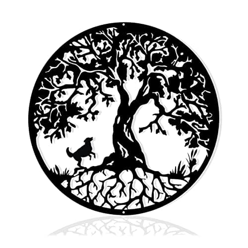 Image of Pduoduo 30cm Black Metal Tree of Life Wall Decor Silhouette Art(with dog) for Gift Present Indoor Outdoor Garden Home Decoration (11.8inch)