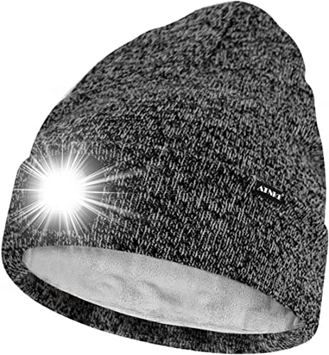 Image of ATNKE LED Lighted Beanie Hat,USB Rechargeable 4 LED Running Headlamp Ultra Bright Cap with Light Hands Free Head Torch Winter Warm Lined Fleece Knit Beany Gifts for Men and Women/Blended Black White