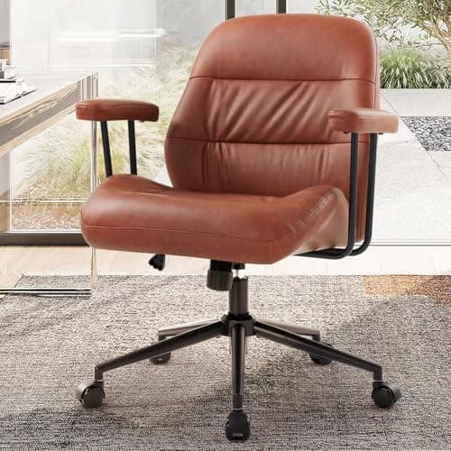 Image of IWMH Home Office Chair with Removable Armrests, PU Leather Ergonomic Desk Chair with Lumbar Support，Mid-Century Modern Executive Task Chairs, 360° Swivel Height Adjustable (Brown)