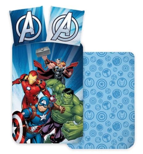 Image of Avengers Bedlinen Single Size | Duvet Cover 140x200 cm with Pillowcase 60x65 cm | 100% Cotton Kids Duvet Cover | Reversible Superhero Bedding Set | Captain America, Iron Man, Hulk, Thor Design