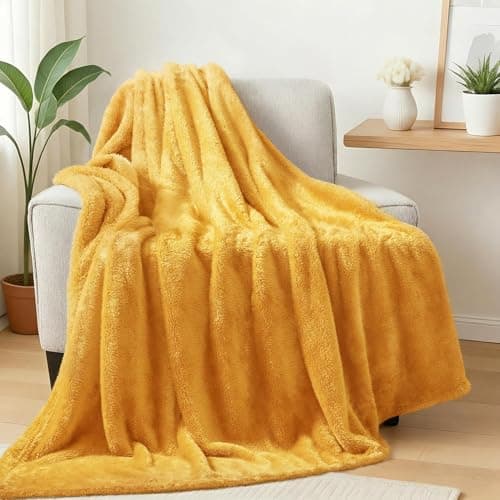Image of Exclusivo Mezcla Plush Fuzzy Fleece Throw Blanket 127x178 CM, Super Soft, Fluffy and Warm Blankets for Couch, Bed, All Season Use, Mustard Yellow