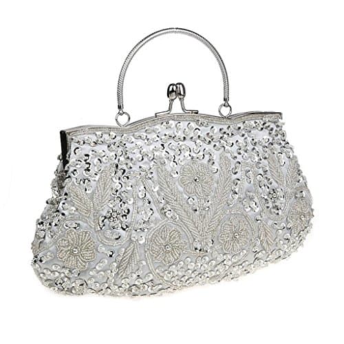 Image of HONGCI Glitter Fashion Beaded Sequin Pearl Clutch Bag for Women - Vintage Beaded Evening Bag, Bridal Bag, Clutch Bags for Wedding, Party, A Silver, S