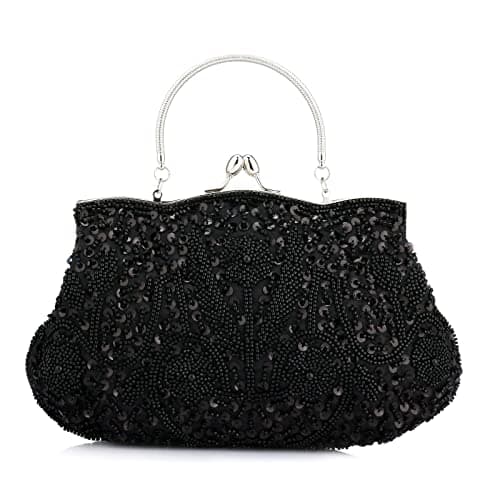 Image of Collection Antique Floral Seed Bead Sequin Soft Clutch Evening Bag Designer Purse Large Clutch Handbag (Black)(Size: One Size)
