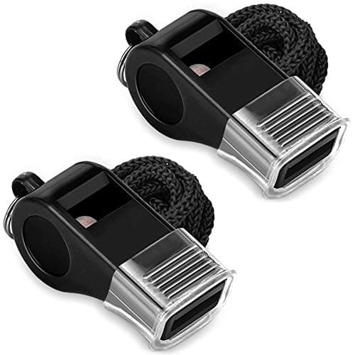 Image of Hipat Whistle, 2 Packs Sports Whistles with Lanyard & Mouth Grip, Loud Crisp Sound, Black Plastic Whistles Ideal for Coaches, Referees, and Officials
