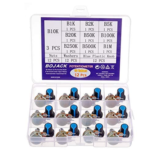 Image of BOJACK 10 Values 12 Pcs B1K-B1M Ohm Knurled Shaft 3 Terminals Linear Taper Rotary Potentiometer(WH148) Single Turn Carbon Film Variable Resistor Assortment Kit