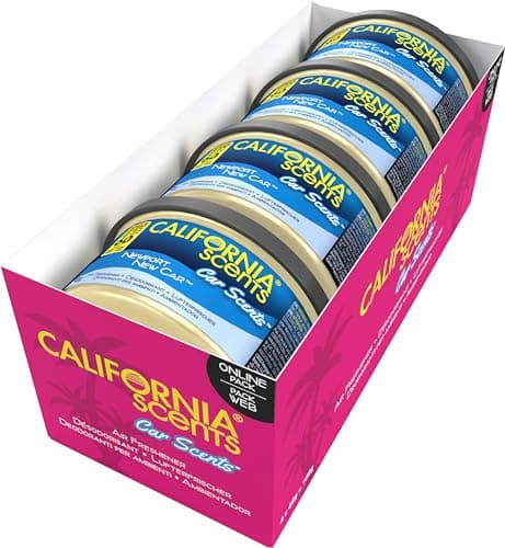Image of California Scents Car Air Freshener Strong Newport New Car Scent – Pack of 4 | Long Lasting Up to 60 Days | Adjustable Scent Control | Odour Eliminator for Cars, Vans & SUVs | Fresh New Car Fragrance