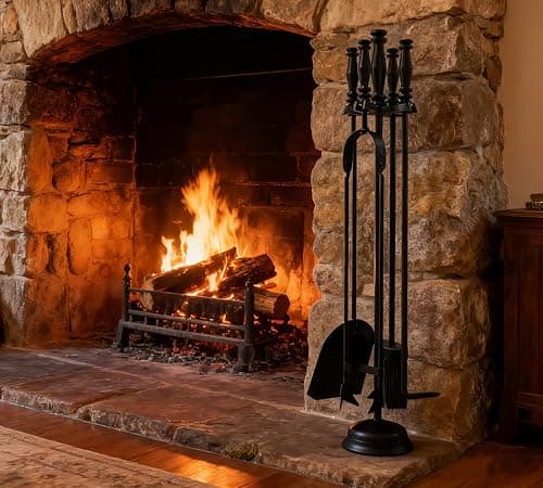 Image of Kingson 5-Piece Fireplace Companion Set – Cast Iron Handle & Stand – Includes Shovel, Poker, Brush, Tongs & Stand – Black Fireside Tools for Open Fire or Wood Burner – Height 54cm